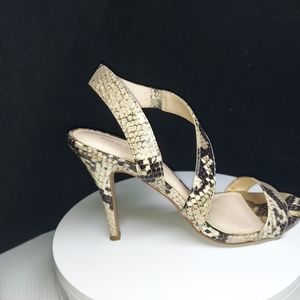 Nine West Tan Black Snake Skin Sandals Stiletto Heels Wide Strap Shoes Size 8M